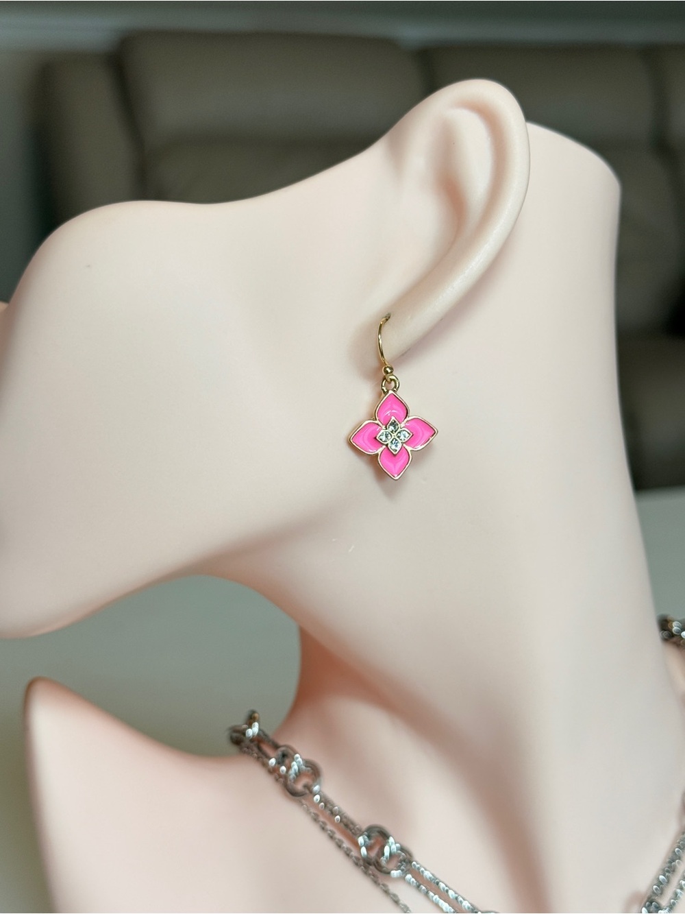 Gold Pink Enamel Flower Drop Earrings with CZ